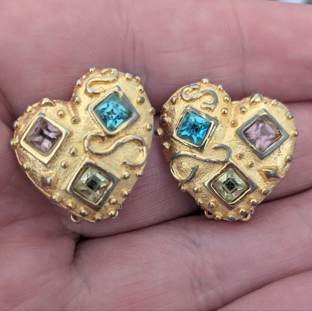 Gold Tone Heart Earrings with Multi Colored stones Etruscan Vintage Landau